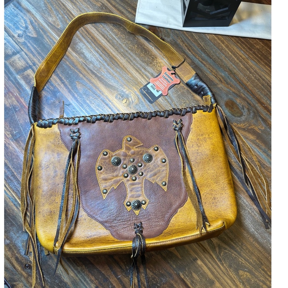 American Darling Leather Thunderbird Fringe Shoulder Bag Western Studded Mustard